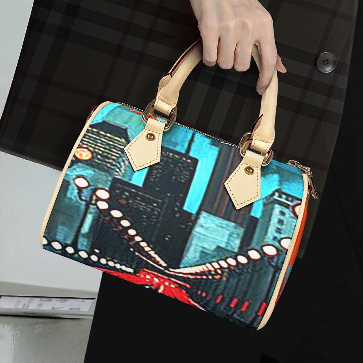Atlanta at Nighttime Classic Barrel-Shaped PU Leather Handbag with Detachable Strap