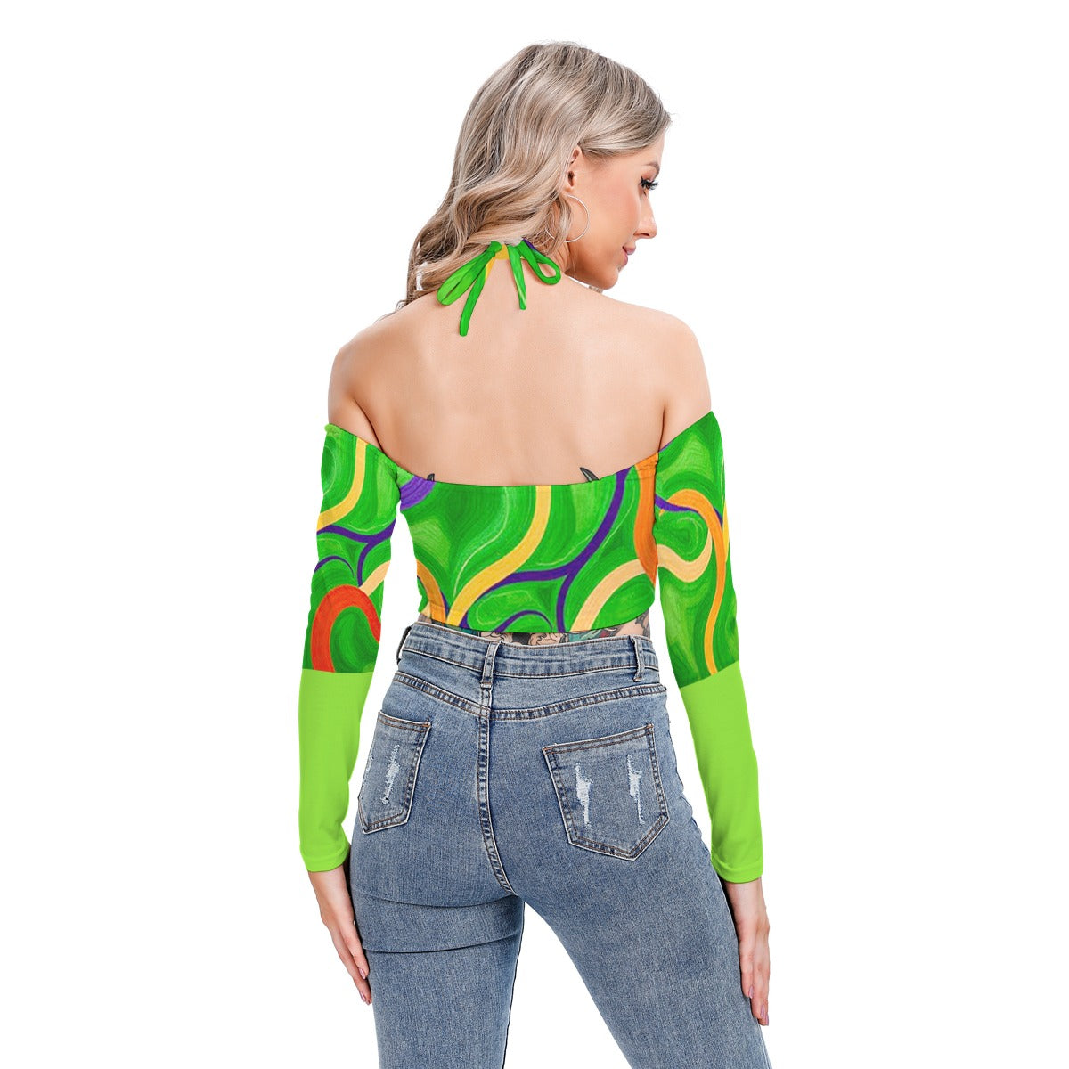 Squiggly Halter Lace-up Top with Off-Shoulder Detail and Long Sleeves