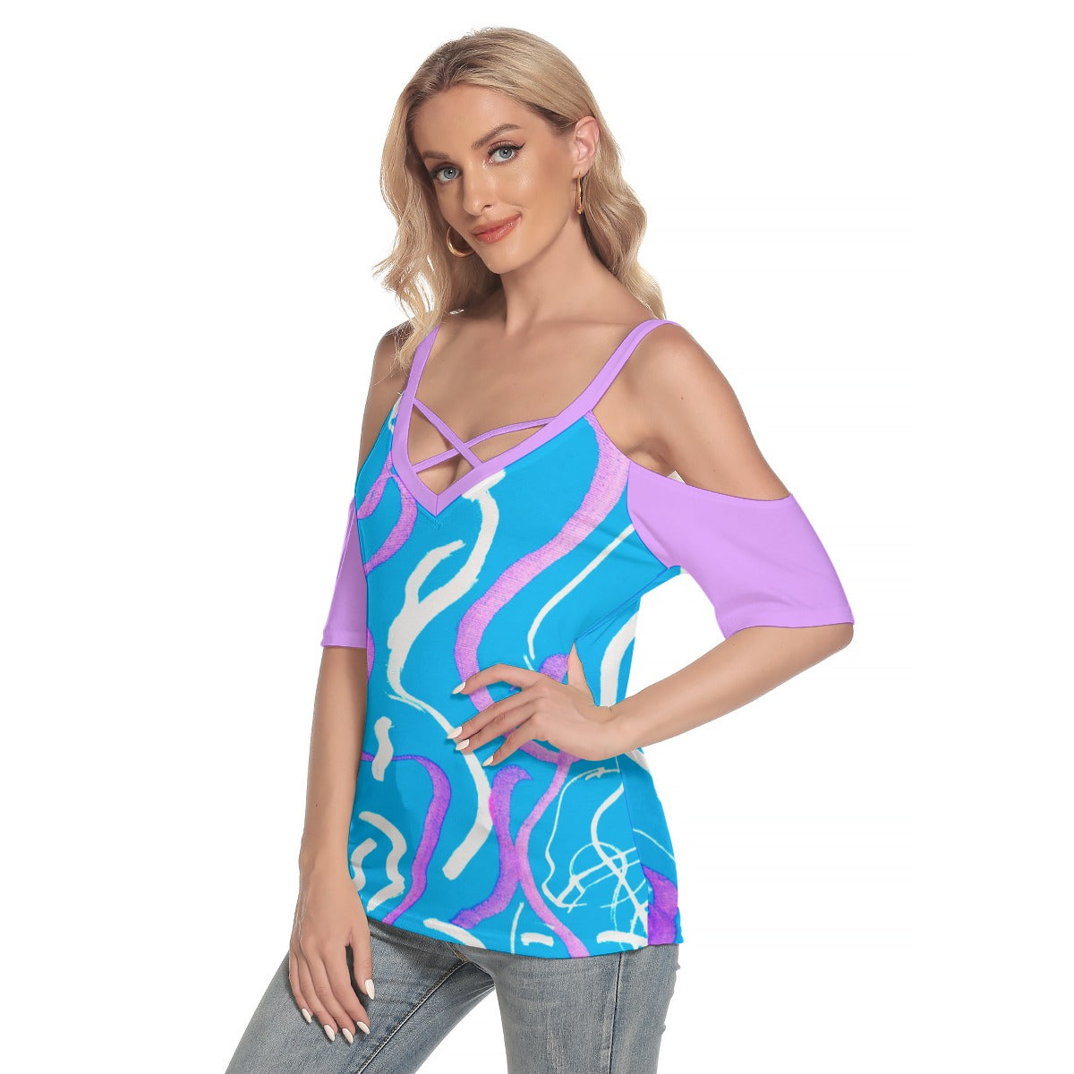 KG Fit Women's Cold Shoulder T-Shirt with Criss Cross Straps