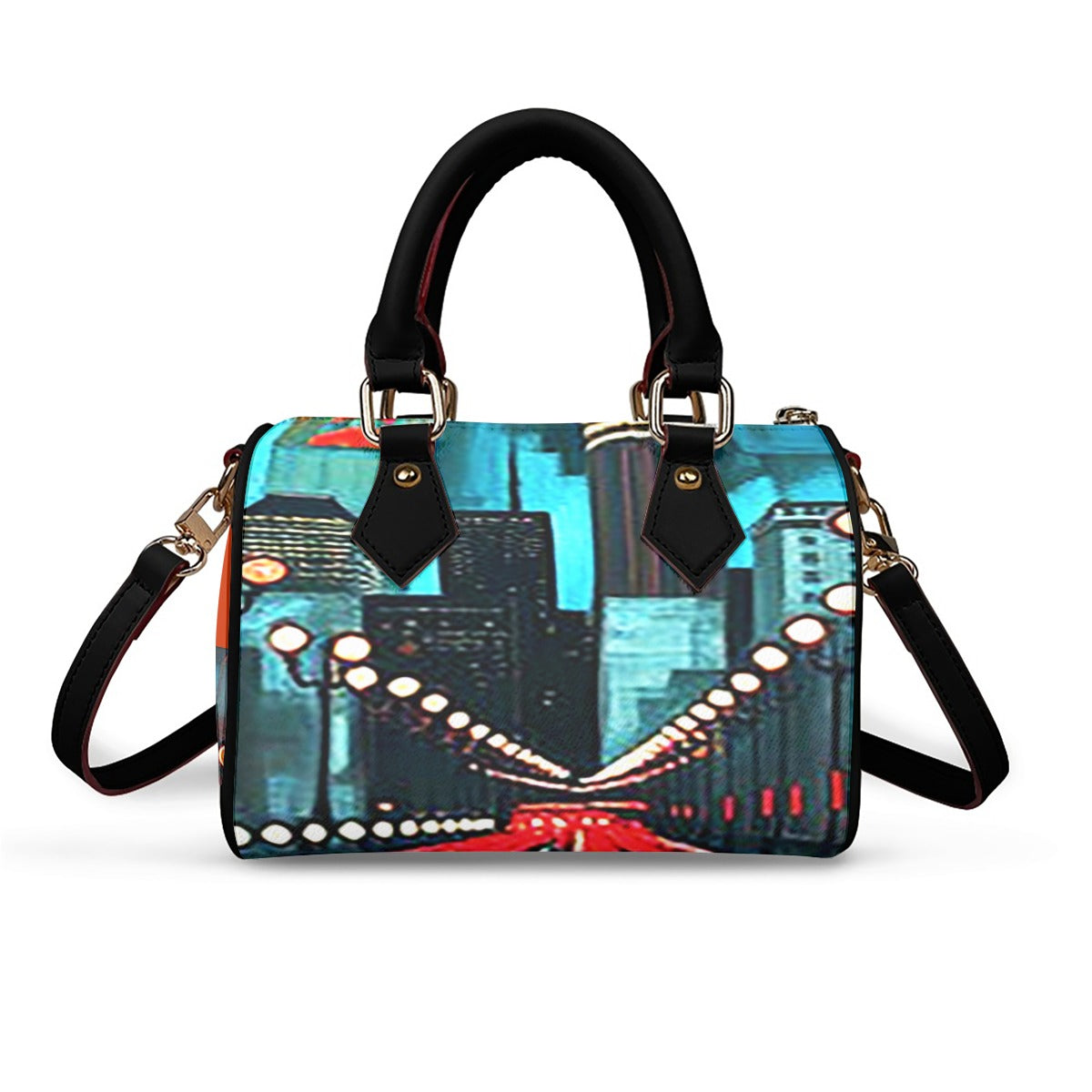 Atlanta at Nighttime Classic Barrel-Shaped PU Leather Handbag with Detachable Strap