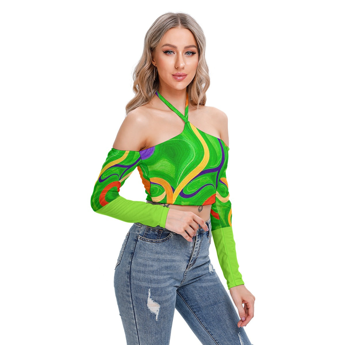 Squiggly Halter Lace-up Top with Off-Shoulder Detail and Long Sleeves
