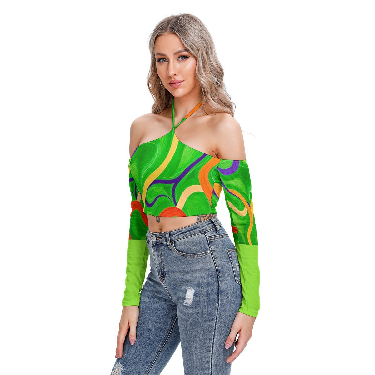 Squiggly Halter Lace-up Top with Off-Shoulder Detail and Long Sleeves