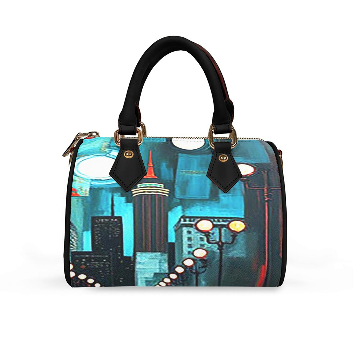 Atlanta at Nighttime Classic Barrel-Shaped PU Leather Handbag with Detachable Strap