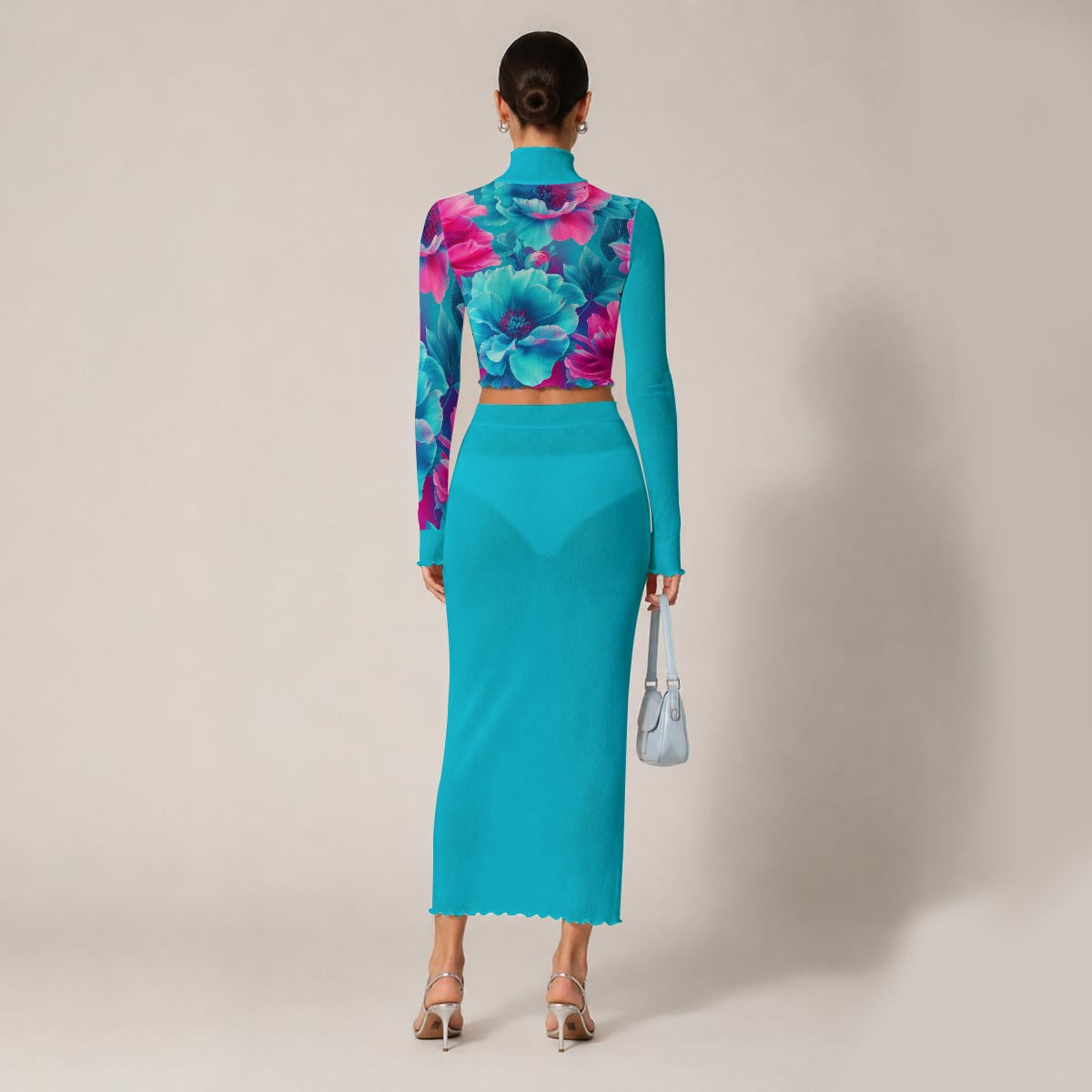 Chambray Rose Poplin Women's High Neck Skirt Set with Thumb Hole