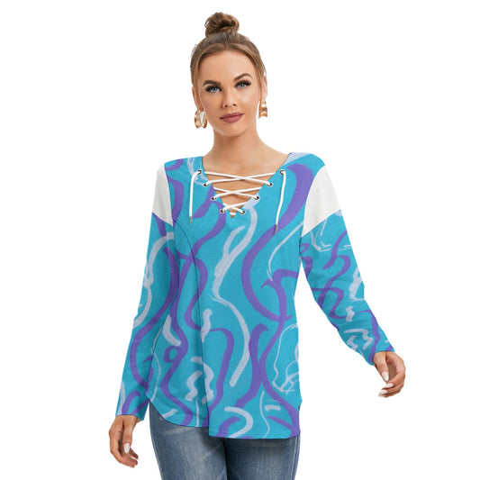 Blue's Women's Long Sleeve Neckline Tie Sweatshirt
