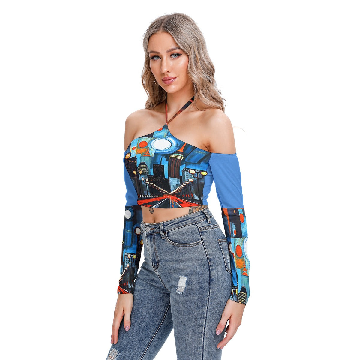 Atlanta at Nighttime Women's Halter Lace-up Stretch Blouse