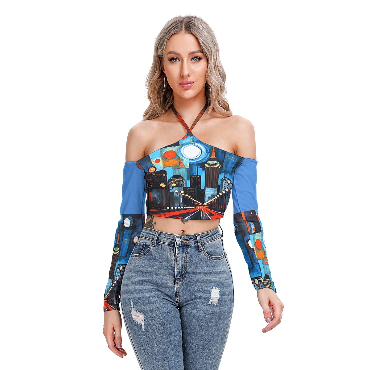 Atlanta at Nighttime Women's Halter Lace-up Stretch Blouse