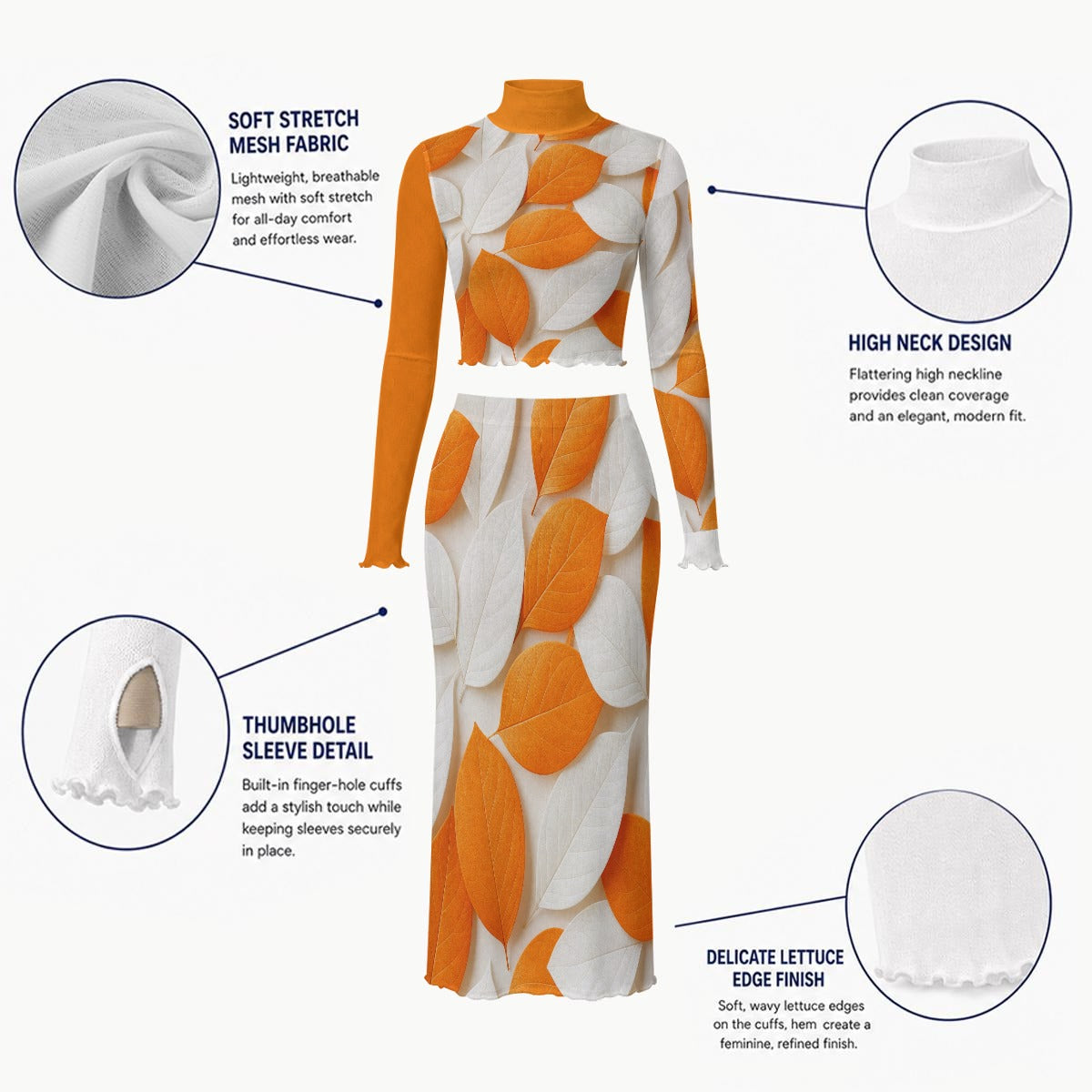 The Leafy Women's High Neck Skirt Set with Thumb Hole