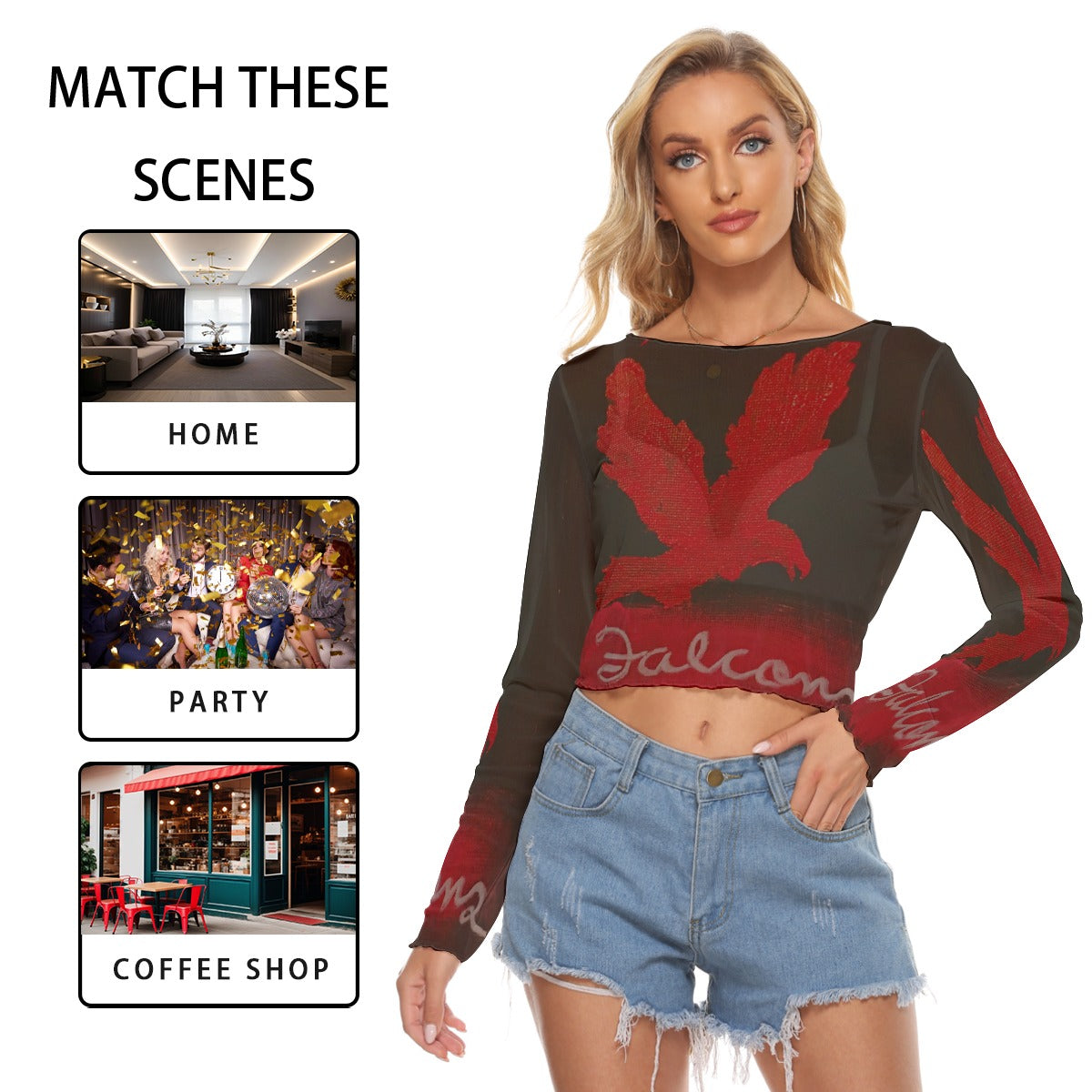 KG Fit Women's Mesh Long Sleeves Crop T-shirt - Falcons Print - Summer Casual Style