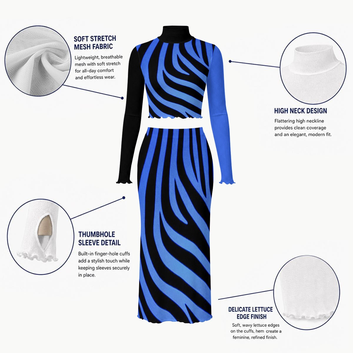Blue Zebra Women's High Neck Skirt Set with Thumb Hole