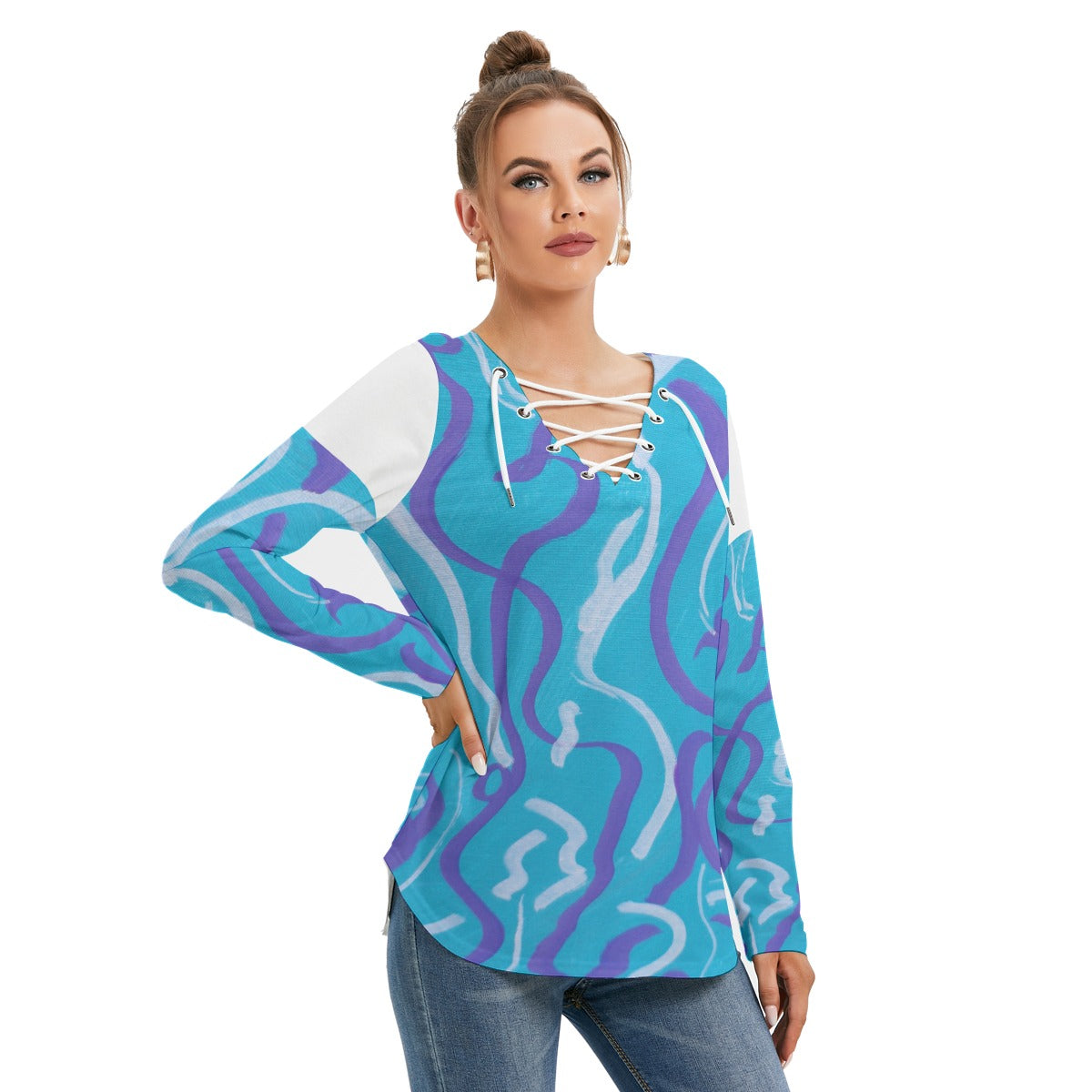 Blue's Women's Long Sleeve Neckline Tie Sweatshirt