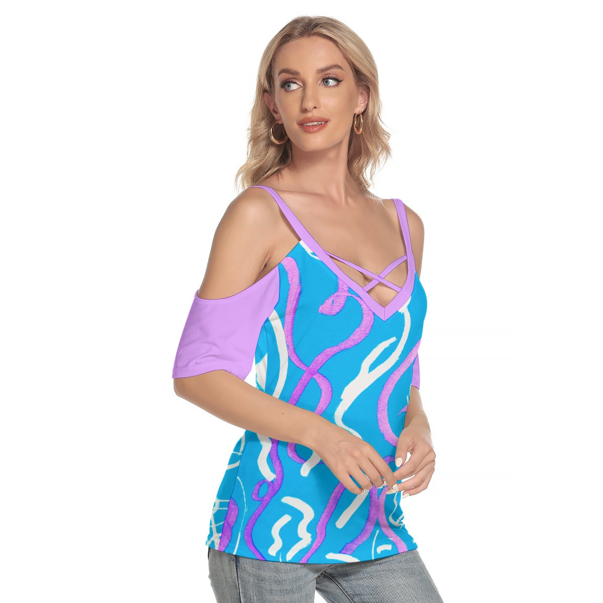 KG Fit Women's Cold Shoulder T-Shirt with Criss Cross Straps
