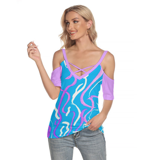 KG Fit Women's Cold Shoulder T-Shirt with Criss Cross Straps