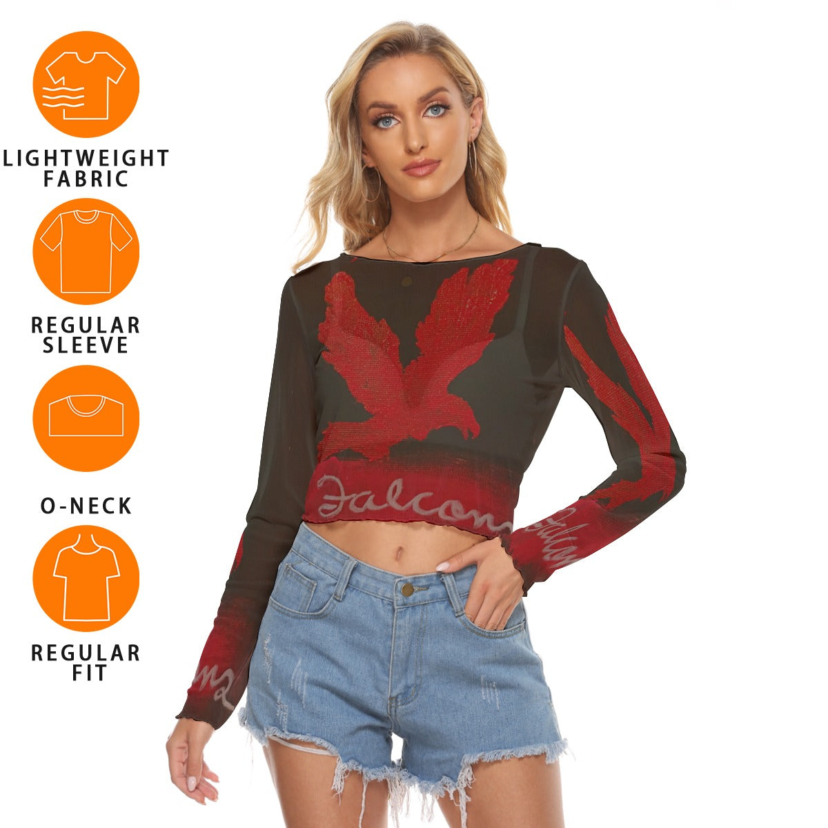 KG Fit Women's Mesh Long Sleeves Crop T-shirt - Falcons Print - Summer Casual Style