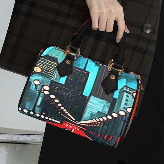 Atlanta at Nighttime Classic Barrel-Shaped PU Leather Handbag with Detachable Strap