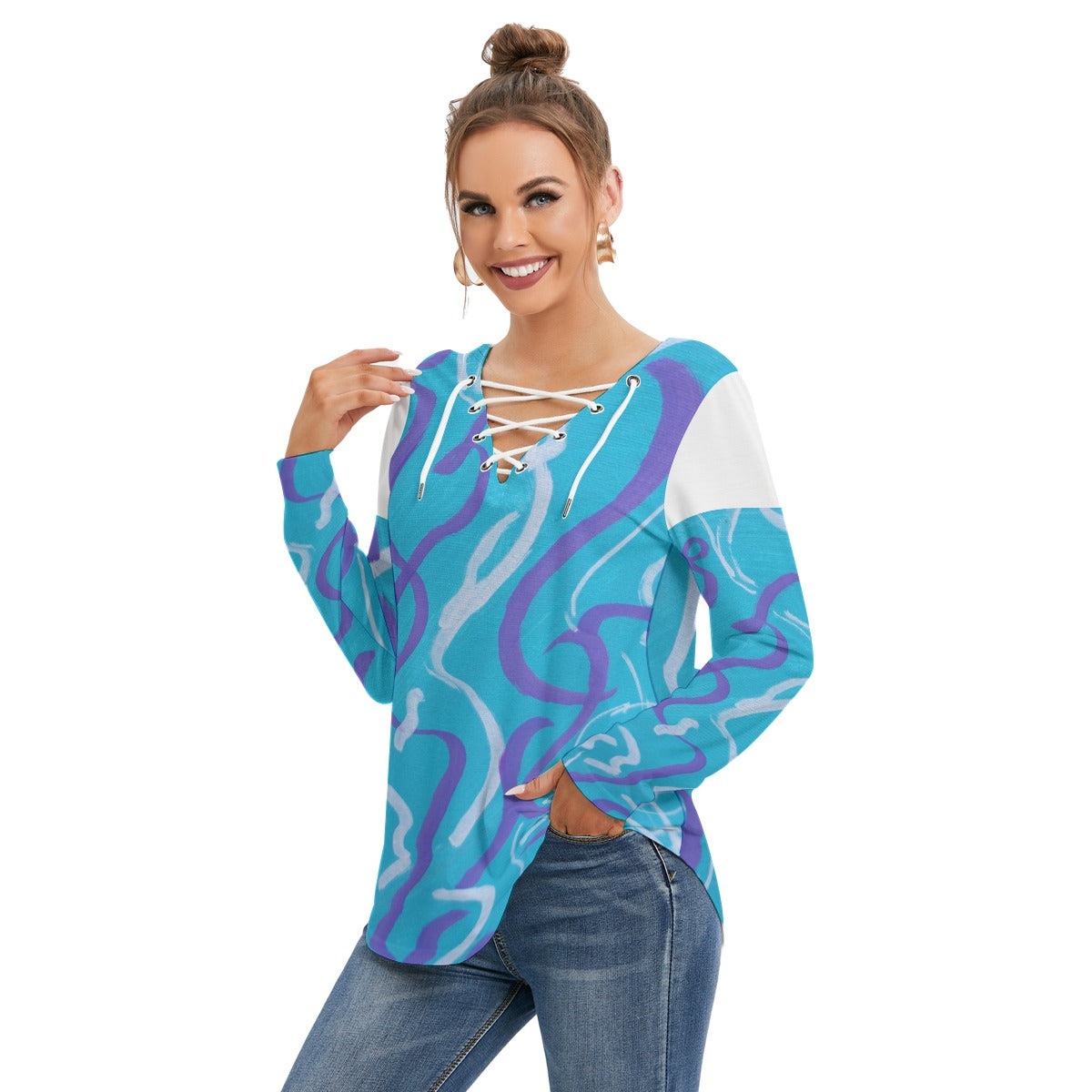 Blue's Women's Long Sleeve Neckline Tie Sweatshirt