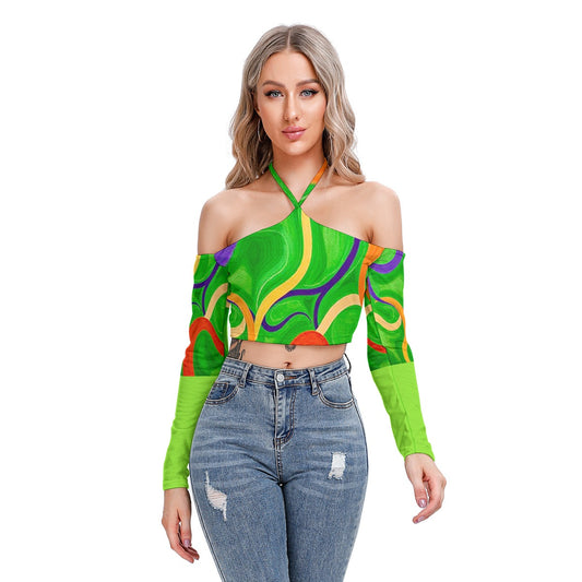 Squiggly Halter Lace-up Top with Off-Shoulder Detail and Long Sleeves